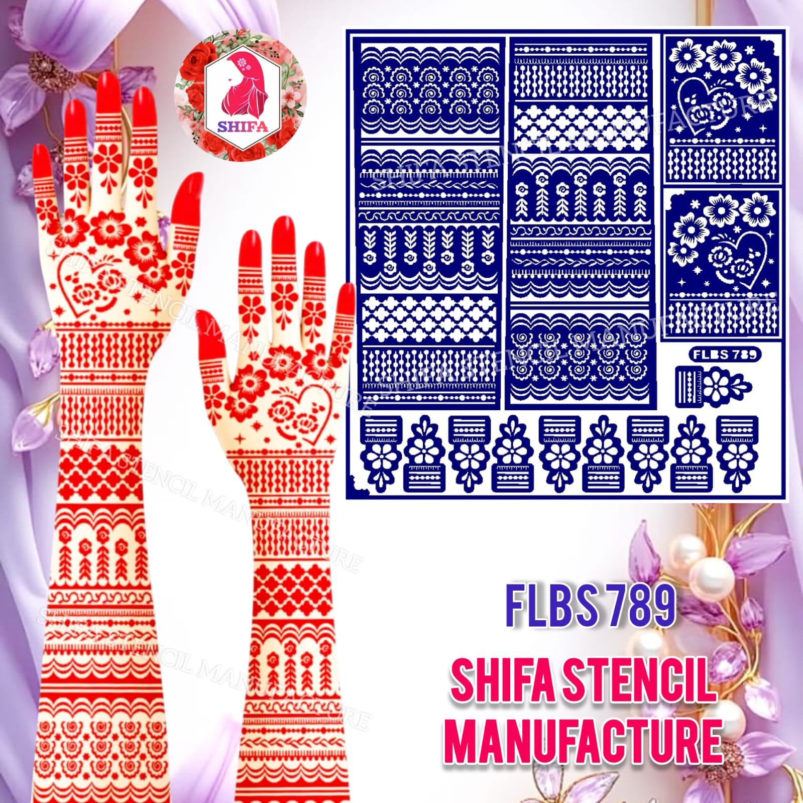 FLBS 789 Classic Mehndi Flower Template Sticker Overview Henna Stencil - Shifa Stencil